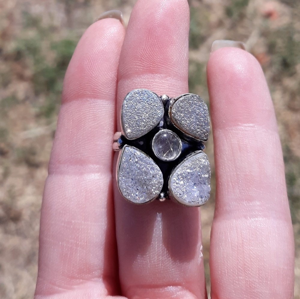 New Sugar Druzy & Golden Rutile 925 Silver Ring.